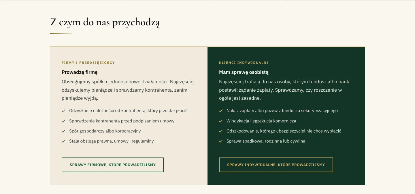 Sekcja z dwoma torami: firmy i klienci indywidualni