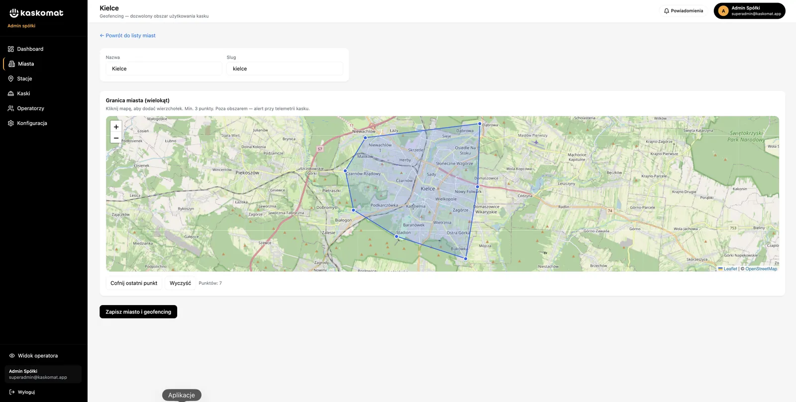 Kaskomat - geofencing obszaru miasta w panelu administratora