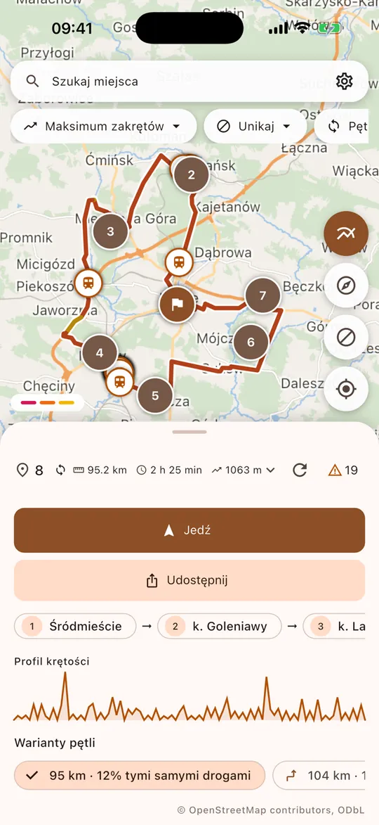 Moto-Azymut - wygenerowana pętla na mapie