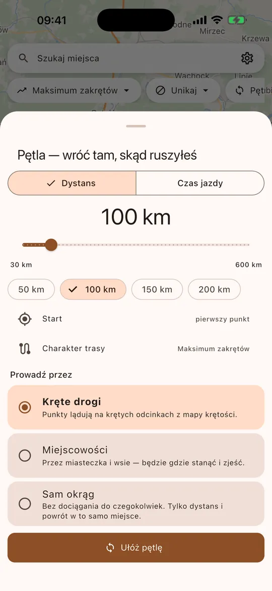 Moto-Azymut - generator pętli z wyborem dystansu
