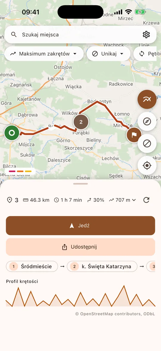 Moto-Azymut - planer trasy z punktami pośrednimi