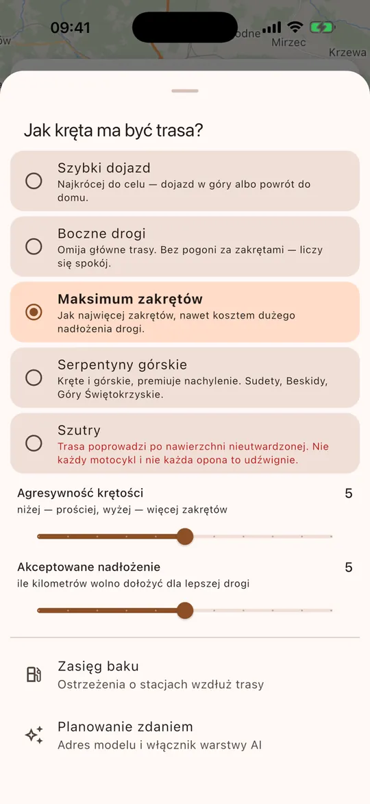 Moto-Azymut - wybór profilu krętości trasy