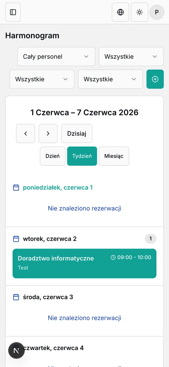 Rezerwator.pro - harmonogram na telefonie