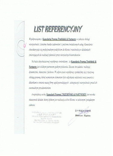 List referencyjny — Świętokrzyskie Centrum Piekarsko-Cukiernicze „AS-POLZAP” Sp.J.