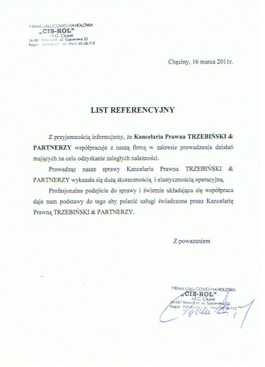 List referencyjny — F.U.H. „CIS-ROL” M.G. Ciszek