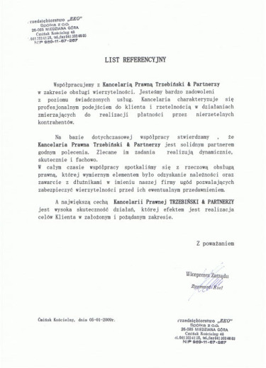 List referencyjny — Przedsiębiorstwo „EKO” Sp. z o.o.