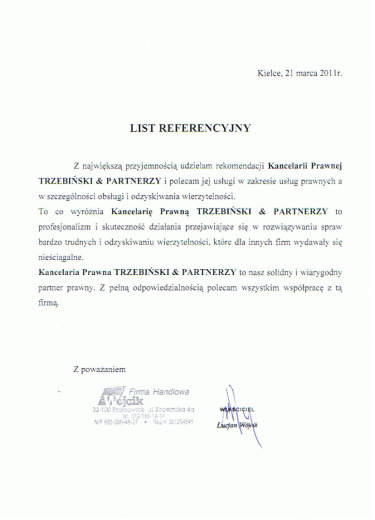 List referencyjny — Firma Handlowa Wójcik — Lucjan Wójcik