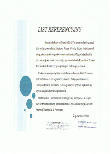 List referencyjny — P.W. „GEOMEX” Sp. z o.o.