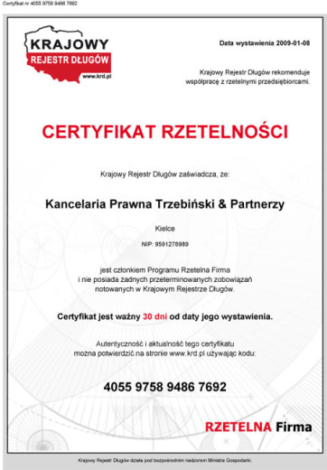 Certyfikat — Krajowy Rejestr Długów BIG S.A.