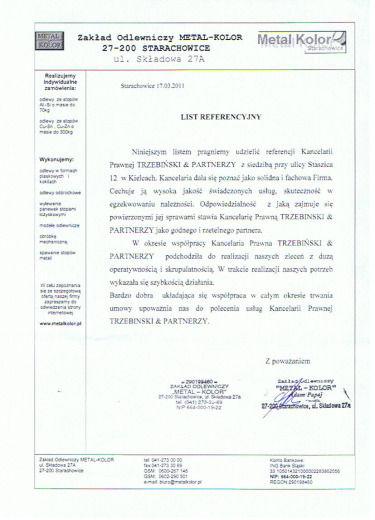 List referencyjny — Zakład Odlewniczy METAL-KOLOR