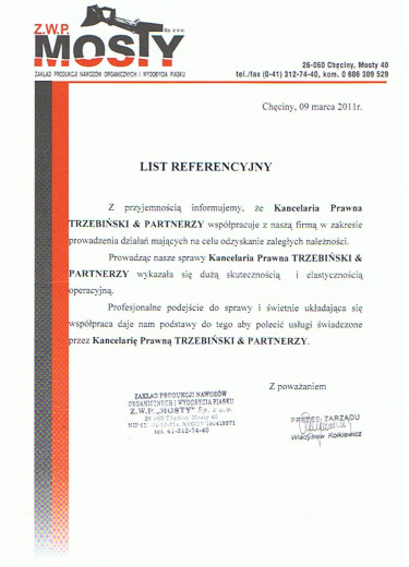 List referencyjny — Z.W.P. „MOSTY” Sp. z o.o.