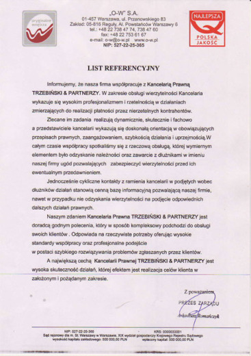List referencyjny — „O-W” S.A.