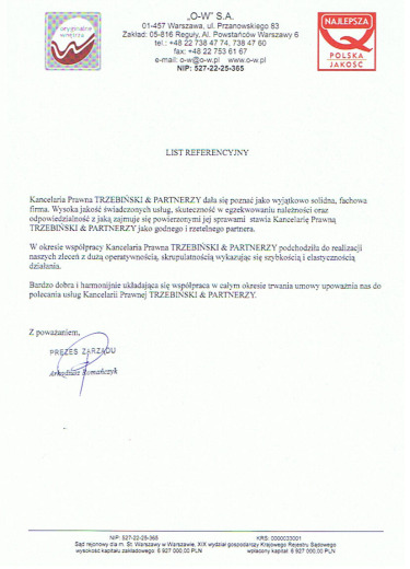 List referencyjny — „O-W” S.A.