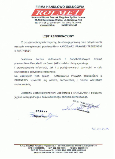 List referencyjny — F.H.U. „ROLMET” Kowalski Frączek Sp.J.