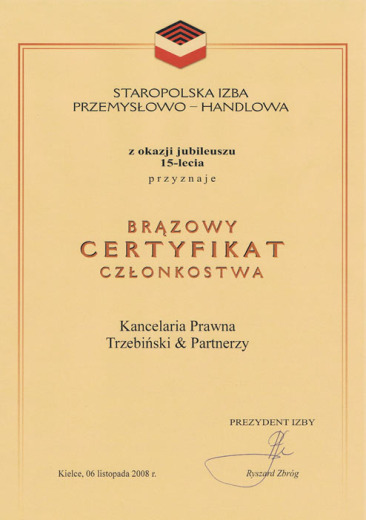 Certyfikat — Staropolska Izba Przemysłowo-Handlowa