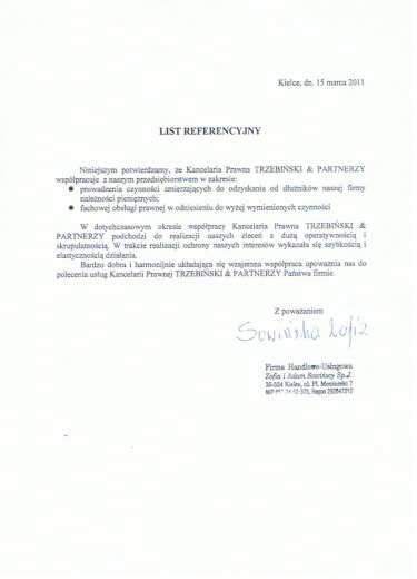 List referencyjny — F.H.U. Zofia i Adam Sowińscy Sp.J.
