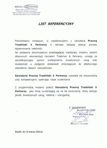 List referencyjny — P.P.U.H. „Sudolanka” Piotr i Mieczysław Kowalscy